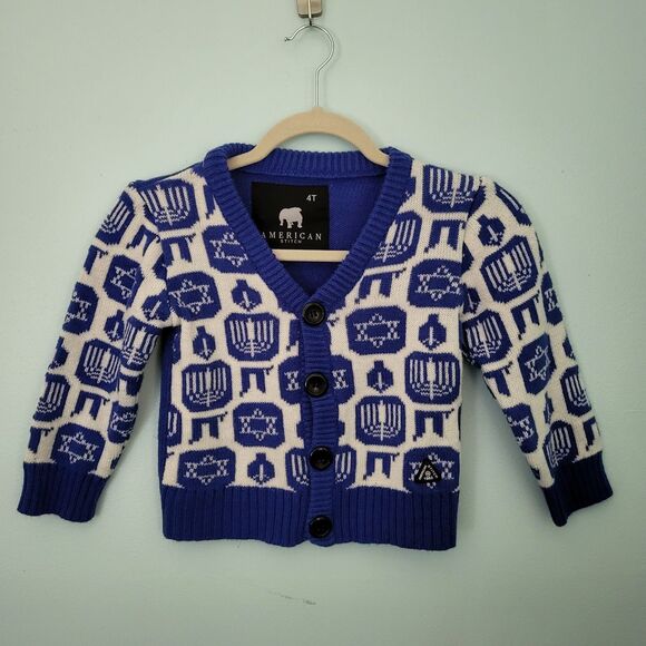 AMERICAN STITCH Hannukah Sweater Boy Girl 4T Menorah Blue White Cardigan - Picture 1 of 7